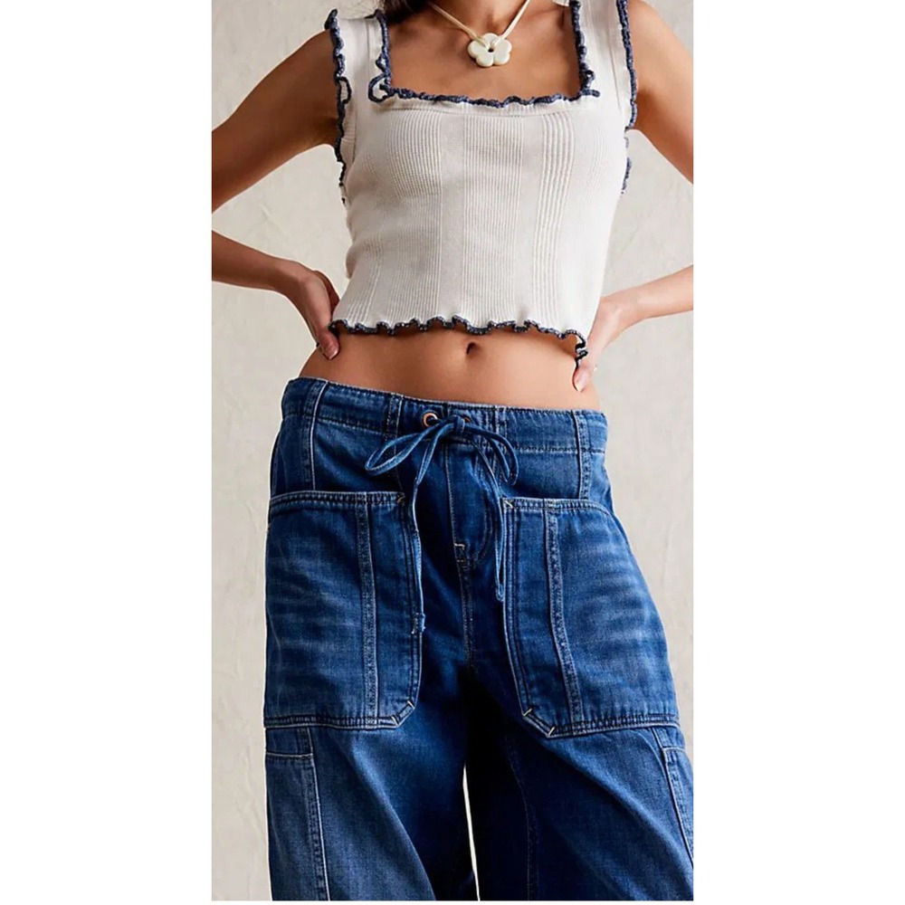 We The Free Free People Silverton Puddle Barrel Jeans Medium Wash Blue Baggy M - Picture 4 of 8